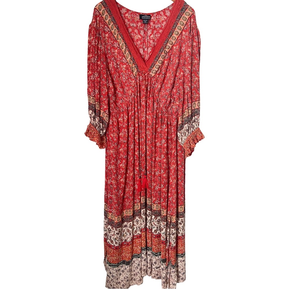 Angie Boho Floral Red Maxi Peasant Style Dress Size 3X